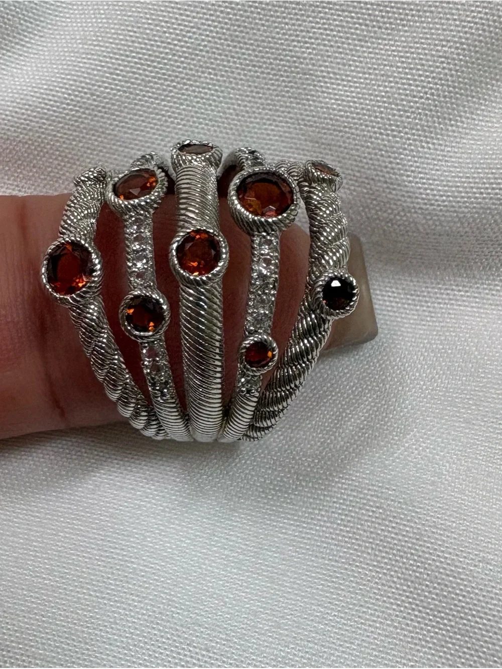 Judith Ripka Silver Multi-Band Ring with Deep Red Stones